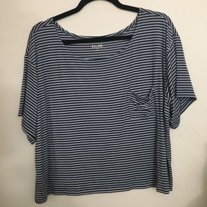 NWOT blue on blue striped semi cropped pocket tee